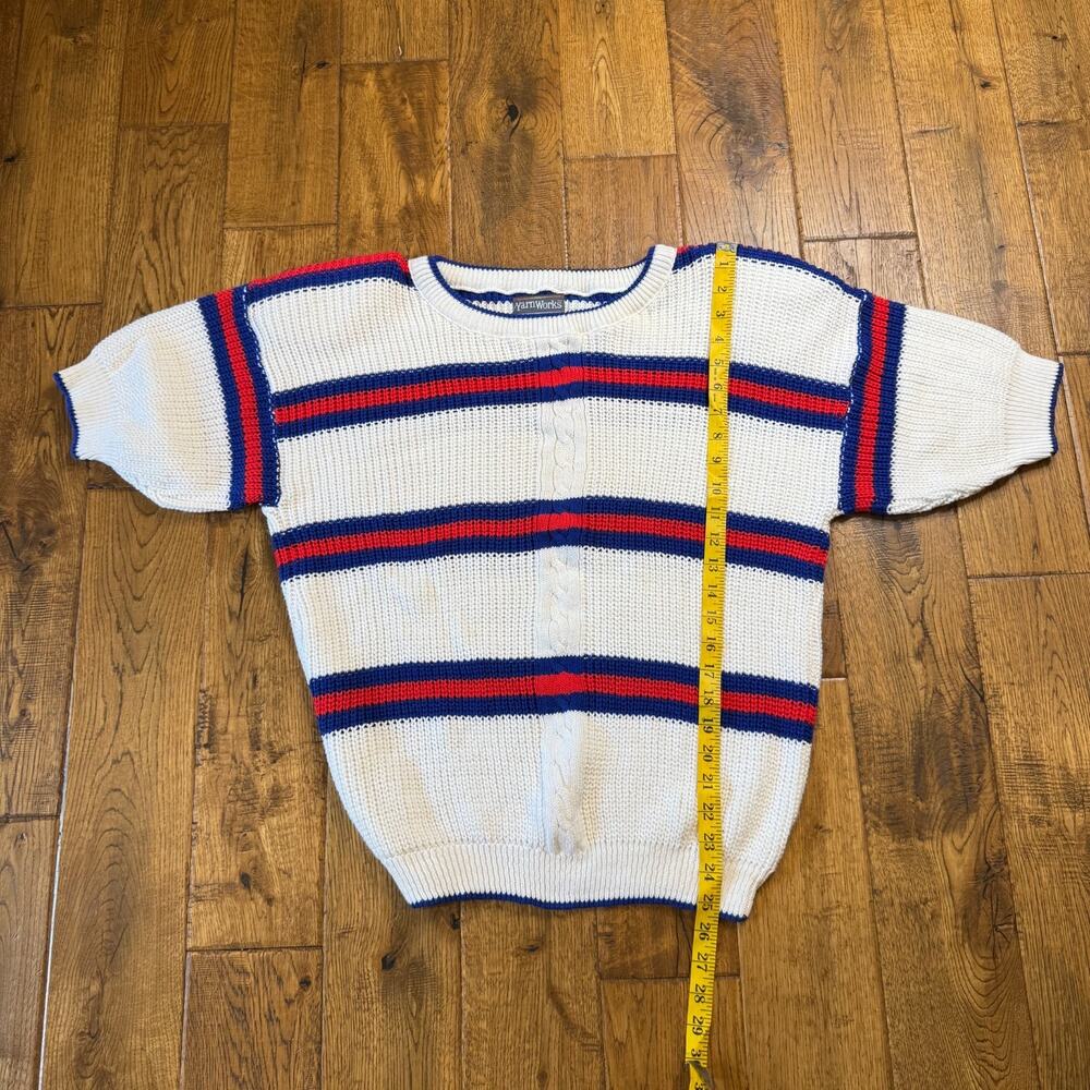 VTG Yarnworks White Red Blue Striped Short Sleeve Knit Sweater Womens L USA - Picture 4 of 6